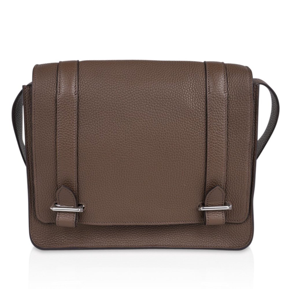 Hermes Steve Caporal Messenger 28 Bag Etoupe Clemence Leather Palladium New
